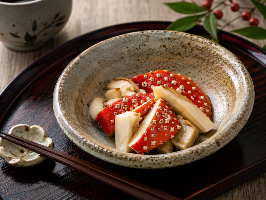 rustikale japanische Mahlzeit mit Fliegenpilz, erstellt KI